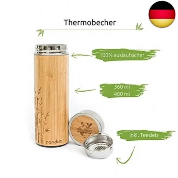 Pandoo Bamboe Thee Fleshouder Thermo Mok - Dubbelwandige Thermo Fles, Reismok,