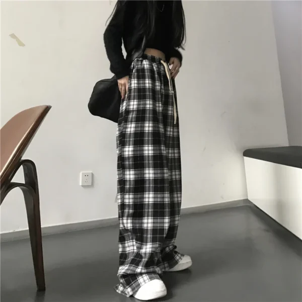 Oversize Women Sweatpants Fashion Comfy Loose Black Plaid Casual Pants Baggy Elastic Waist Pockets Student Unisex Hip Hop Loose Trousers