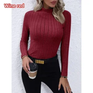 Vrouwen Turtleneck Herfst Winter Hoge Stijlvolle Kraag Lange Mouwen Kniited Blouses Mode Pit Strip Afslanken Casual Blouses Dames Sexy Tops