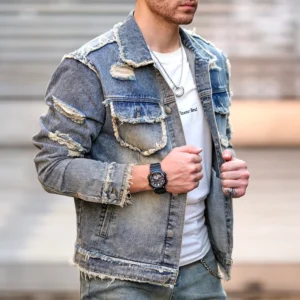 Jeansjas Nieuwe Mannen Herfst Streetwear Mode Stevige Ripped Slim Denim Jas Hoge Kwaliteit Mannelijke Gaten Casual Jas Jas