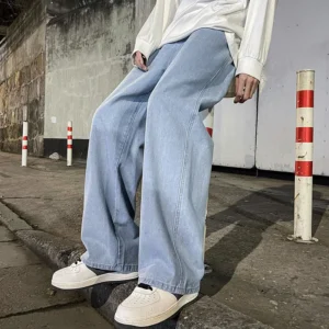 2024 Nieuwe Streetwear Losse Jeans Mannen Koreaanse Stijl Mode Los Rechte Broek Wijde Pijpen Mannen Merkkleding Zwart Lichtblauw