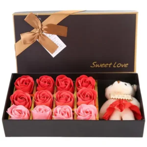 Romantische 12 Rose Flower Bear Gift Box Kunstmatige Simulatie roos met pluche beer Romantische geschenken voor vrouwen Valentijnsdag Wedding Anniversary Verjaardag Kerstvakantie Decor