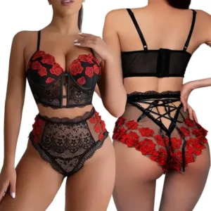 Vrouwen Sexy Kanten Lingerie Set Kanten Bralette en Panty Set Strappy Kanten Lingerie Rozenpatroon Verjaardag Valentijnsdag Cadeau