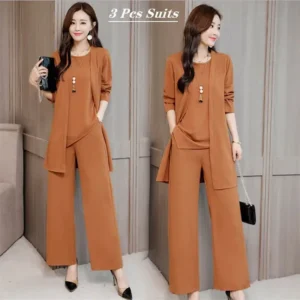 Modieuze 3Pcs Suits vrouwen mode chiffon vrijetijdskleding los pak broek met wijde pijpen + lange blouse + mouwloos shirt set